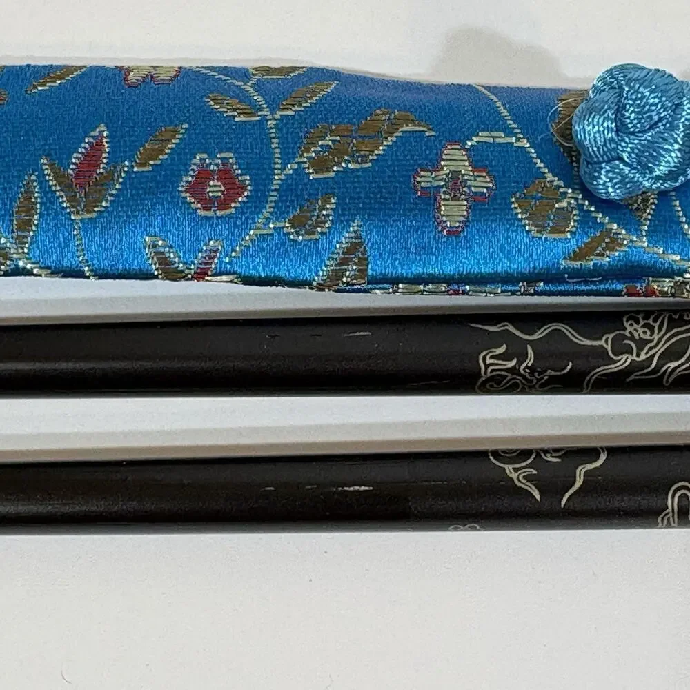 Vintage Asian Fusion Chopsticks with Fabric Pouch Set Of 5 Colorful Black Dragon
